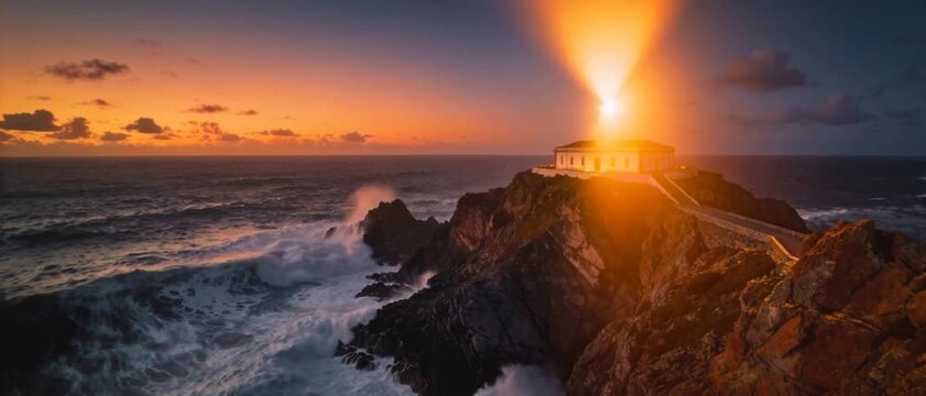 cinematic aerial of ponta do pargo lighthouse with glowing beacon madeira portugal video