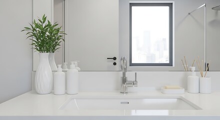 Modern bathroom sink with white countertop mirror and potted plant decoration