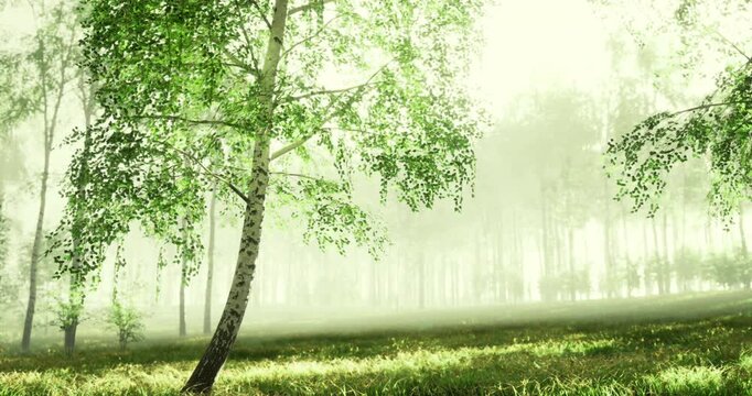Early morning light filters through tall trees in a lush green forest. The mist creates a tranquil atmosphere, highlighting the vibrant foliage and soft grasses below.
