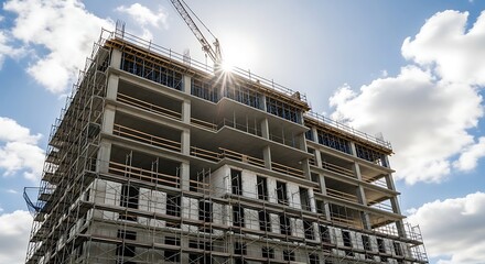 Multi story building under construction with scaffolding and crane against blue sky with clouds