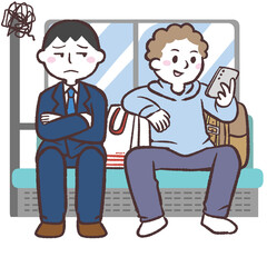 電車内で場所を取る荷物の多い乗客のイラスト