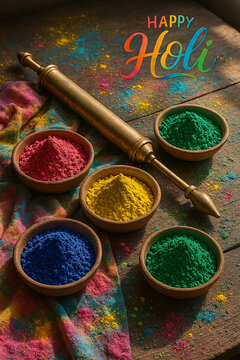 Traditional Holi festival setup with bowls of colorful gulal powder and vintage brass water gun on rustic wooden background