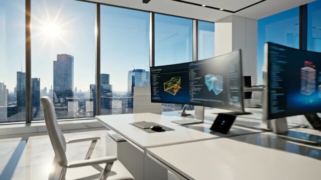 Modern office interior with skyline view and computer displays running complex 3d software for engineering and financial modeling in a bright workspace