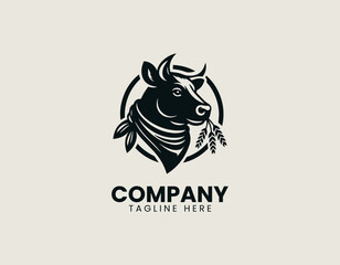Obraz premium cow head styled from the side, wearing a bandana and holding wheat straw in its mouth black vector logo illustration white background