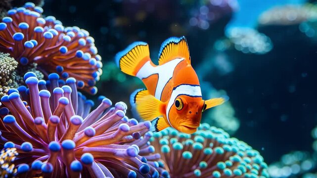 Playful Clownfish Swimming Around a Vibrant Anemone in a Tropical Reef