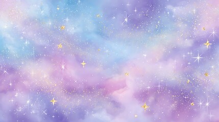 Obraz premium Magical Starry Sky Background - Pastel Swirls of Purple, Blue, and Pink with Gold Glitter
