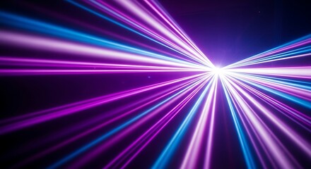 Vibrant purple and blue laser light beams radiating from a central white point on a dark background
