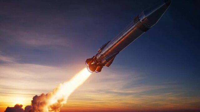 A futuristic et soars into the sky during a vibrant sunset.