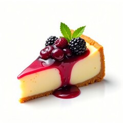 Creamy cheesecake slice with red berry topping and mint dessert raspberry
