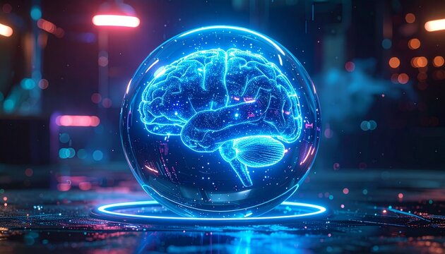 青く光る脳のネットワークを内包するガラス球体のAIテクノロジー3D画像