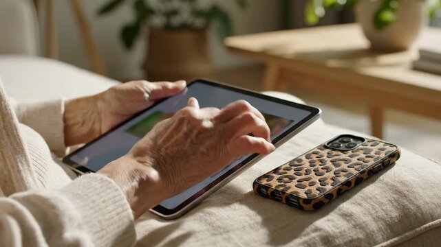 Elderly hands using tablet computer on sofa with leopard print phone nearby relaxed home lifestyle technology