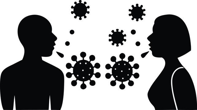 showing respiratory transmission through droplets and airborne particles between two people highlighting infection spread, virus prevention and public health awareness silhouette vector illustration
