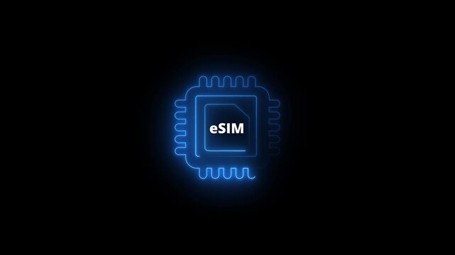 Glowing neon eSIM card icon concept animation. Neon blue network chip electronic connection on 4k video Mobile and wireless communication technology.