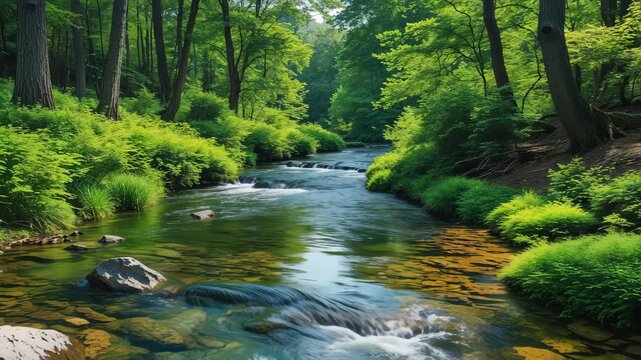 Serene Brook and Clear Stream Flowing Through Vibrant Woodland and Lush Greenery