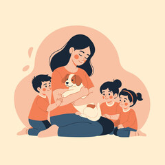 Obraz premium Mother with children and puppy, family love, care, happiness, domestic animals, togetherness