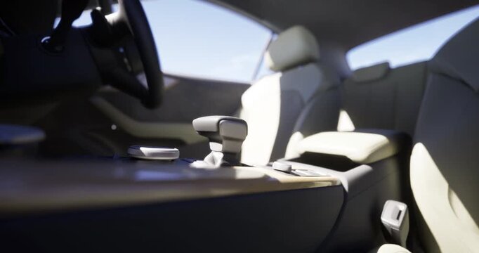 A sleek, modern car interior highlights minimalist design with light upholstery, showcasing an ergonomic gear shift and spacious seating for a comfortable driving experience.