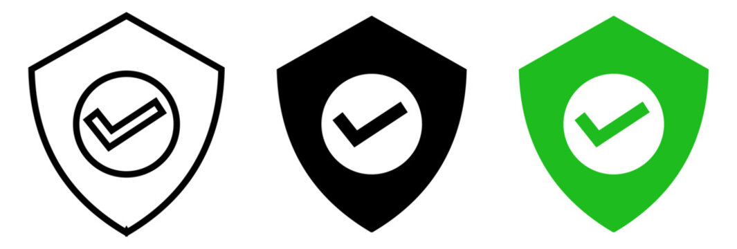Shield check mark icon or security shield protection icon with tick symbol. green security shield icon