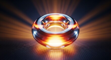 Glowing metallic ring with radiant orange light on textured surface