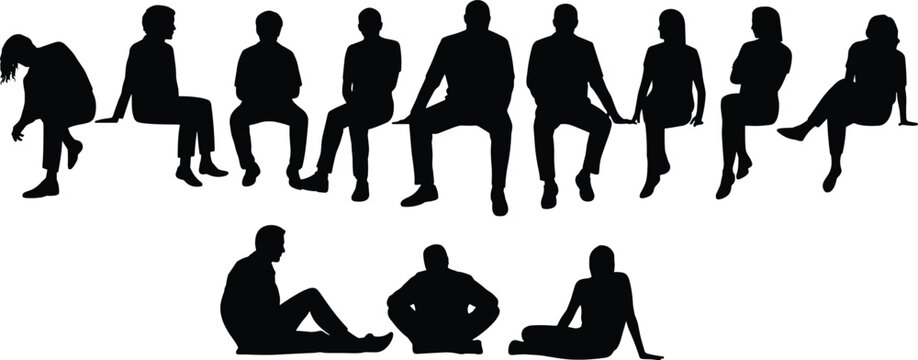 Silhouettes of diverse individuals seated in varied postures on elevated surface and ground, abstract artistic arrangement symbolizing rest, contemplation, interaction for creative stock illustration