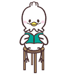 木の丸椅子に座って本を読む白い鳥のイラスト © おひさまストック