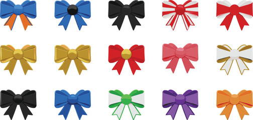 Obraz premium Set of colorful decorative ribbon bows for gift wrapping, holiday celebration, Christmas presents, birthday party decor, elegant satin knots, vector illustration elements for greeting card design, ret