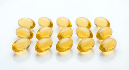 Golden omega-3 fish oil capsules arranged in rows on white background. Dietary supplements for heart health, brain function and wellness nutrition.