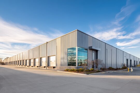 Industrial building along a loading bay with clean concrete yard and blue sky