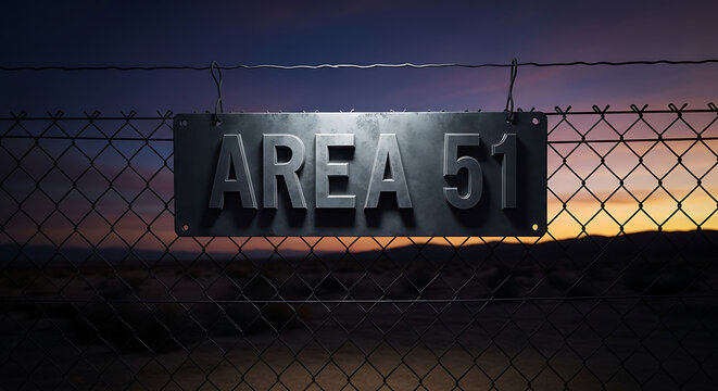 A chain link fence surrounds the Area 51 sign at dusk with a serene landscape and vibrant sky