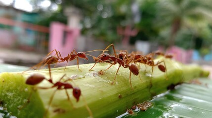 Close-up of red ants on a green plant stem