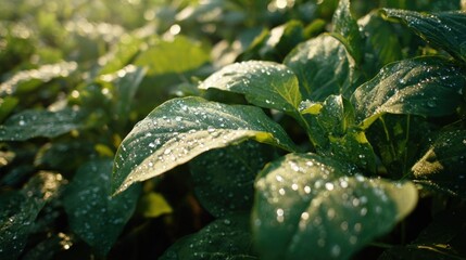 Close-up of lush green leaves, glistening with dew drops in morning sunlight