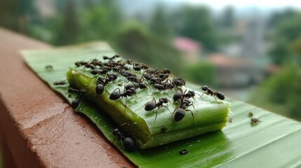 Ants on a green treat, banana leaf