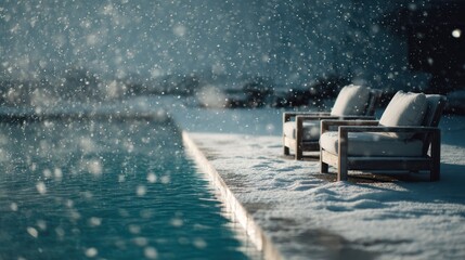 Snowy poolside scene with lounge chairs