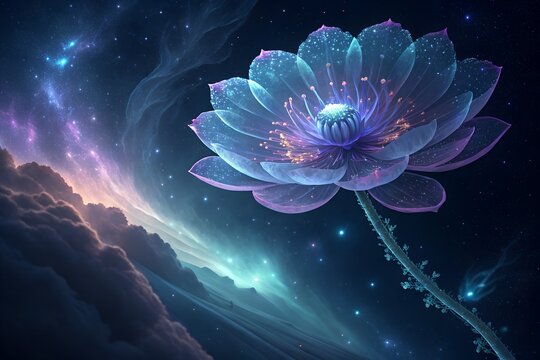 A bioluminescent flower floating in deep space translucent petals glowing in shades of violet and electric blue tiny stars trapped inside the petals like glitter