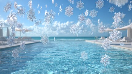 Winter wonderland pool scene. Snowflakes fall over a resort pool