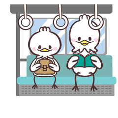 電車に並んで乗る白い鳥のイラスト © おひさまストック