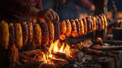 Roasted corn strung over a fire. A hand reaches for a cob