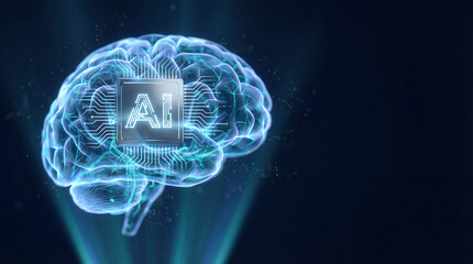 Digital illustration of glowing brain with circuit-like design and central AI microchip. Futuristic concept symbolizing artificial intelligence, neural connections, and human-machine integration