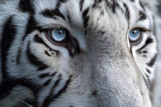 Intense white tiger face study featuring sharp fur texture and piercing blue eyes