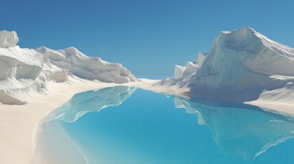 Pristine white icy mountains frame a tranquil azure pool, reflecting a bright sky