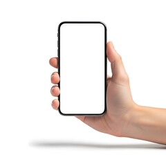 A hand holding a smartphone with a blank screen
