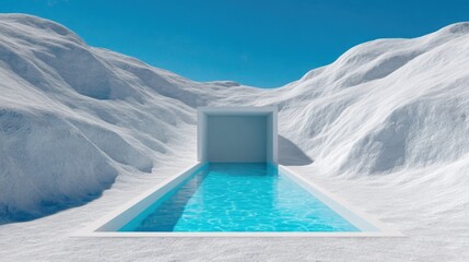 Snowy mountain landscape with a  white pool