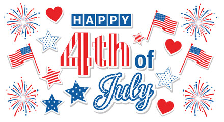 Obraz premium American Independence Day icon collection. Includes patriotic symbols like fireworks, flags, hearts, and stars. Created in colorful style with red, white, and blue palette.