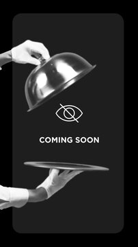 Animated ad. Coming soon text with hidden eye icon and cloche reveal. Concept of exclusive launch teaser, restaurant opening announcement, premium product preview, marketing campaign banner.