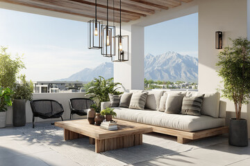 Fototapeta premium Modern outdoor terrace with comfortable sofa and wooden coffee table, surrounded by plants and black chairs, featuring mountain views and natural light creating peaceful atmosphere
