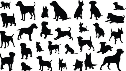 Silhouettes of thirty diverse dogs in various poses and breeds, abstract artistic arrangement symbolizing canine diversity, posture, and body language for creative stock illustration © MIJANUR
