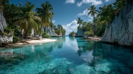 Fototapeta premium Stunning tropical lagoon features crystal clear turquoise water with white cliffs and palm trees under a bright blue sky with clouds.