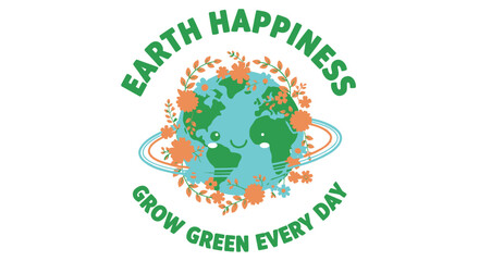 Earth eco friendly icon, Earth Happiness logo. Includes globe with leaves and flowers. Created in colorful style with green and blue palette.