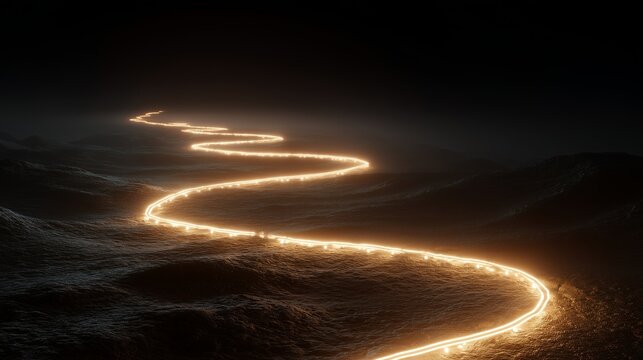 Single illuminated path winds over dark rugged ground toward a bright horizon, symbolizing progress, discovery and reaching goal through challenging terrain.