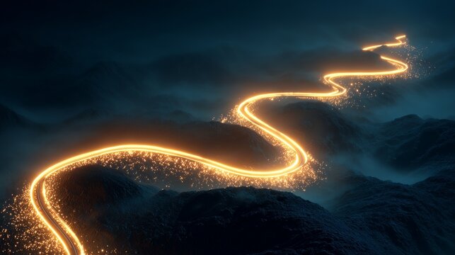 A lone illuminated path winds over dark rugged hill toward a distant bright horizon, symbolizing progress, discovery and reaching goal through challenging terrain.