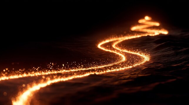 A winding glowing path across dark terrain toward a bright horizon, symbolizing a journey through challenge toward progress, discovery and goal achievement.